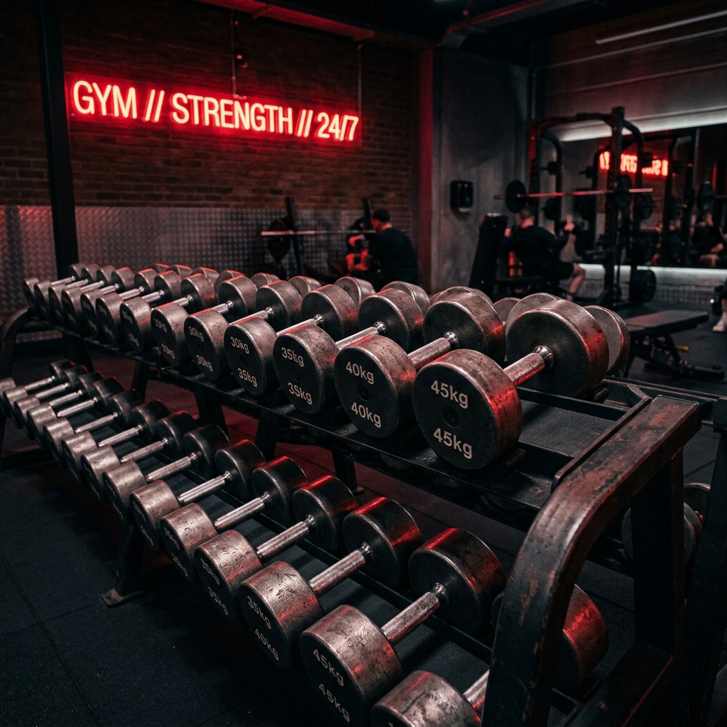 Heavy dumbbell rack and barbell area